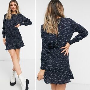 Topshop • Pretty Long Sleeve Blue White Polkadot Mini Dress Ribbed Elastic Waist